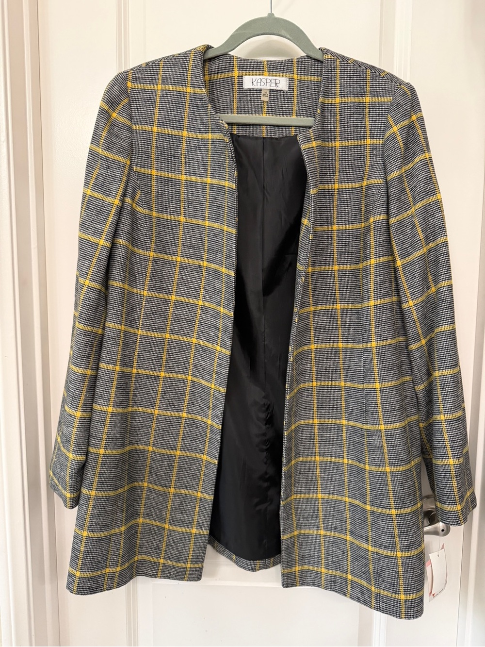 Kasper Gray Plaid Open-Front Jacket with Yellow Windowpane